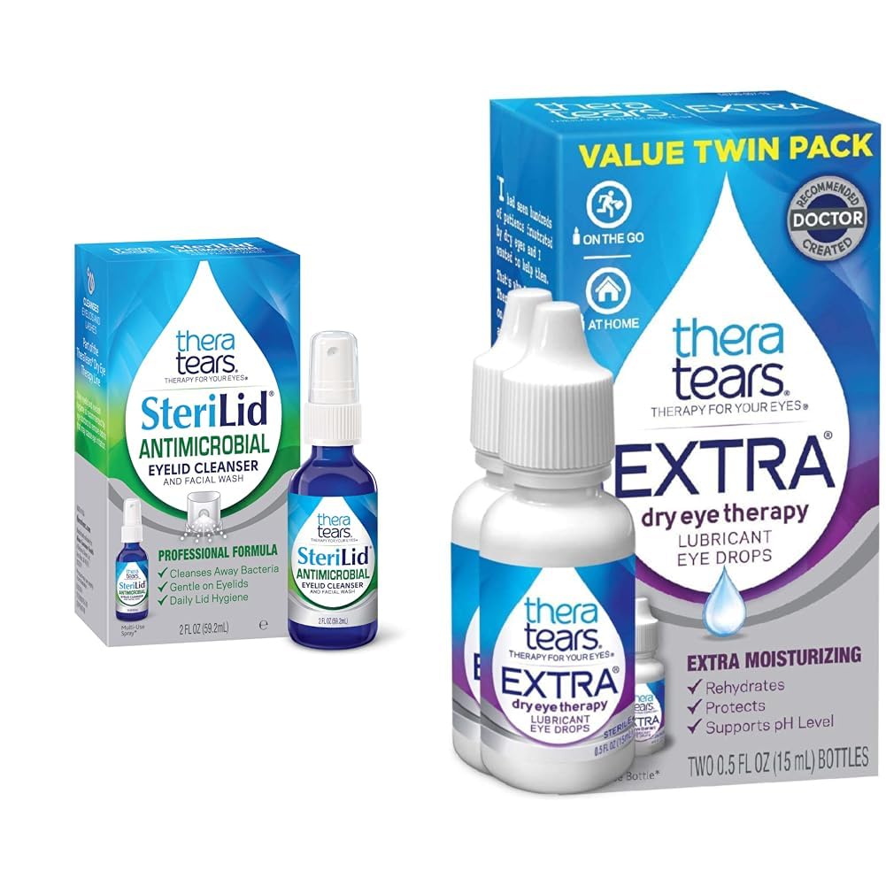 TheraTears Extra Dry Eye Therapy Lubrifiant gouttes pour les yeux secs, 0,5 fl oz bouteille, 2 Count & SteriLid nettoyage des paupières et lavage du visage, pour les yeux irrités, 2 fl oz spray