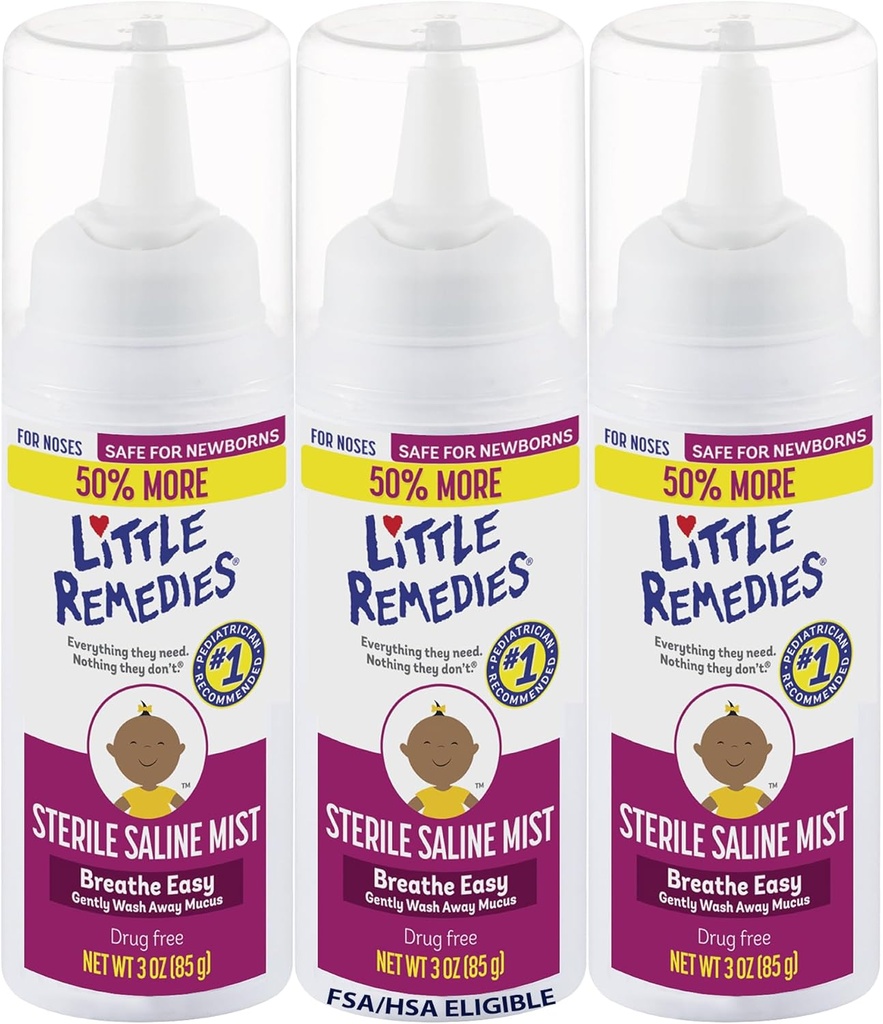 Little Remediaes Stérile Baby Saline Nasal Mist, sans danger pour les nouveau-nés pour soulager les nezes farcies et sèches, 3 Fl Oz, pack de 3