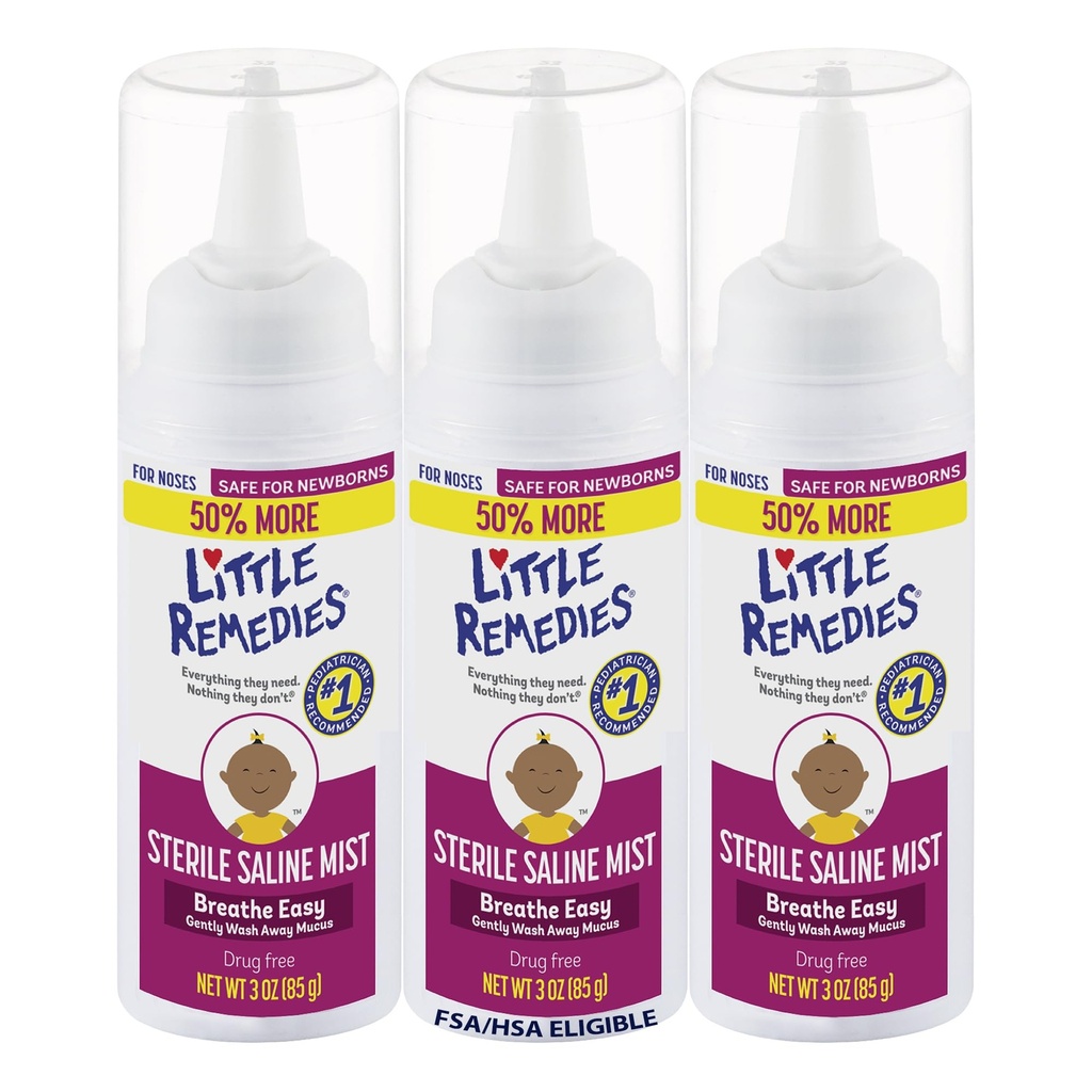 Little Remediaes Stérile Baby Saline Nasal Mist, sans danger pour les nouveau-nés pour soulager les nezes farcies et sèches, 3 Fl Oz, pack de 3