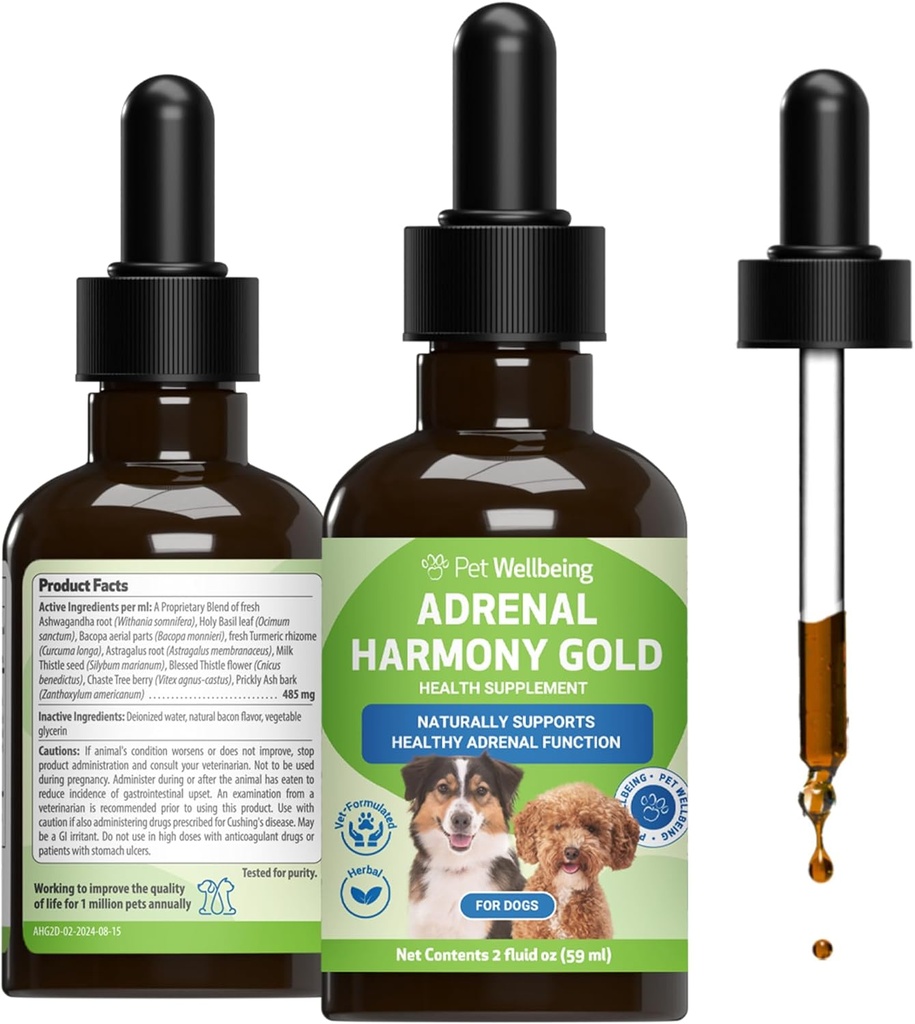 Bien-être des animaux Harmonie Adrénale Or pour les chiens - Formulé en vétustes - Soutient une fonction adrénale saine, des niveaux normaux de cortisol, une soif et un poids sains – Supplément holistique – 2 oz (59 ml)
