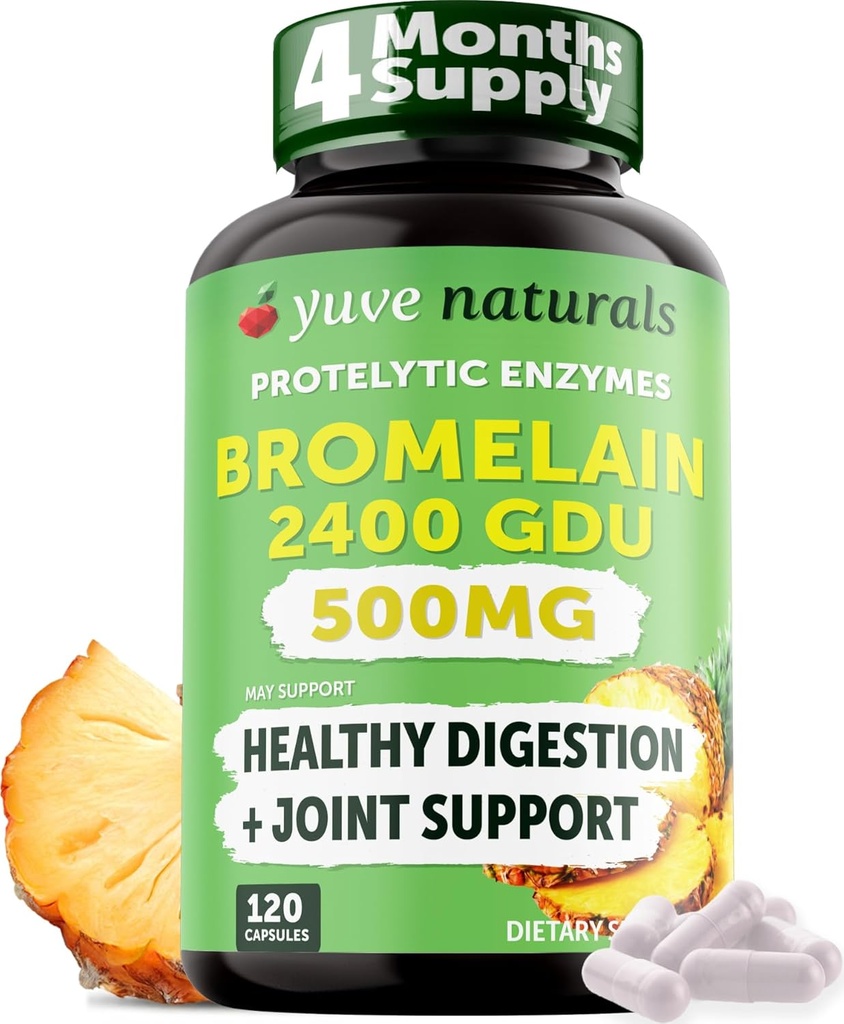 Bromelain à forte puissance de jouvence 500mg 2400GDU Enzymes digestifs - Gut et santé articulaire de l'ananas - Aide à la digestion des protéines - Végétaux, non-OGM, 3e partie testée - 120 capsules