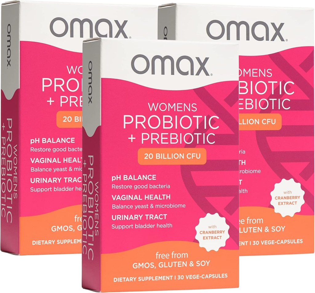 Omax3 Femmes Probiotique + Prébiotique, canneberge et racine de chicorée, 20 milliards UFC, 6 souches prouvées cliniquement, pH vaginal, UTI, Bloating, (Emballage May Vary)