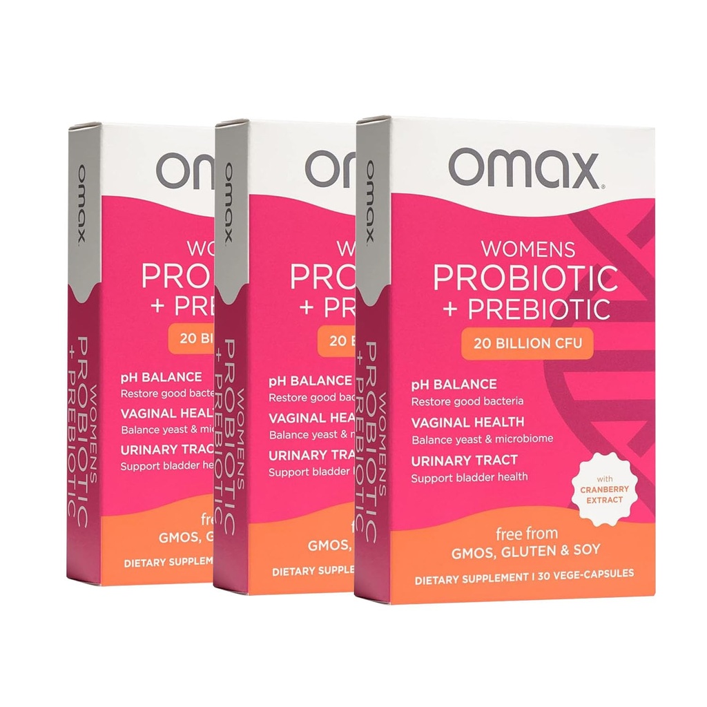 Omax3 Femmes Probiotique + Prébiotique, canneberge et racine de chicorée, 20 milliards UFC, 6 souches prouvées cliniquement, pH vaginal, UTI, Bloating, (Emballage May Vary)