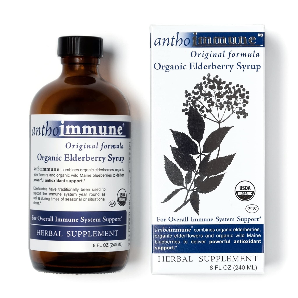 Sirop de baies aînées biologiques - Anthoimmune - Supplément de soutien immunitaire pour les adultes et les enfants - Formule biologique de l'USDA, ultra-prémium Black Elderberry (8 oz) 48 portions