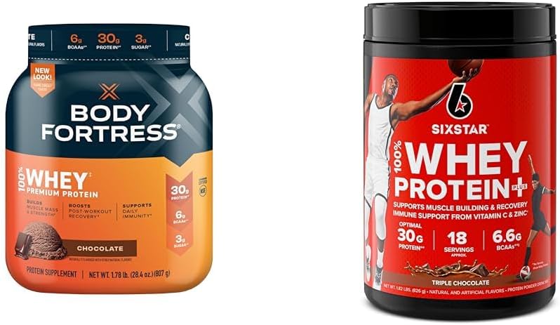 Forteresse du corps 100% poudre de protéines de lactosérum Chocolat 1,78lbs & Six Star Whey Protéine plus Chocolat Whey Isolale Poudre de protéines 1,8lbs