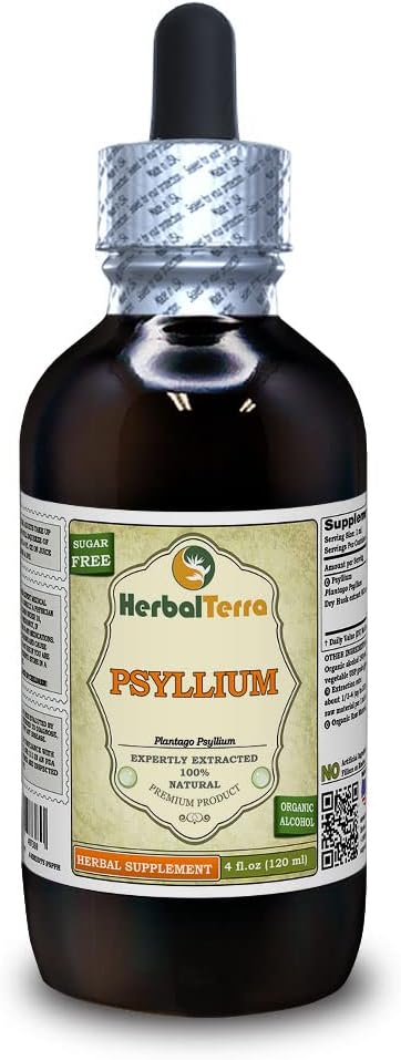 Psyllium (Plantago Ovata) Teinture, extrait liquide de musc séché biologique (Marque: HerbalTerra, Fièrement fabriqué aux États-Unis) 4 fl.oz (120 ml)