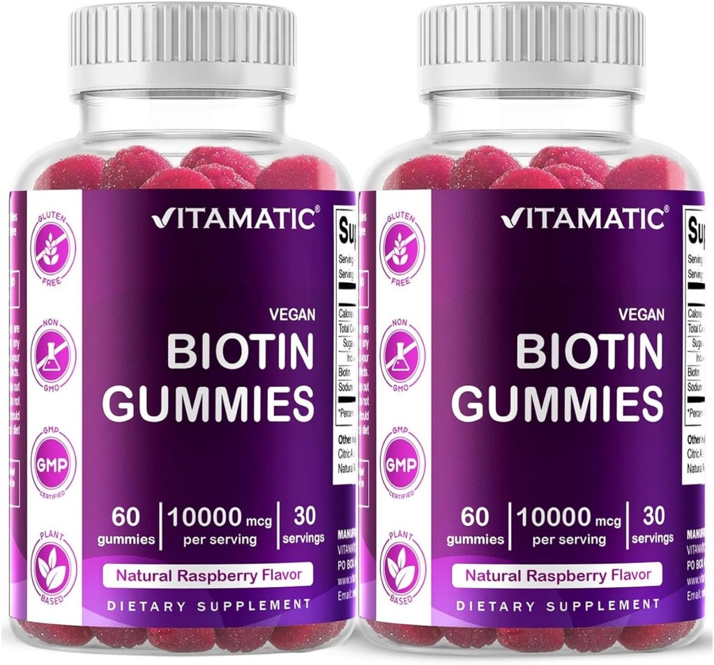 Biotine Vitamatique Gommies 10,000 mcg pour cheveux, peau et ongles plus forts - 60 Gommies Vegan - également appelé vitamine B7 (2 bouteilles)