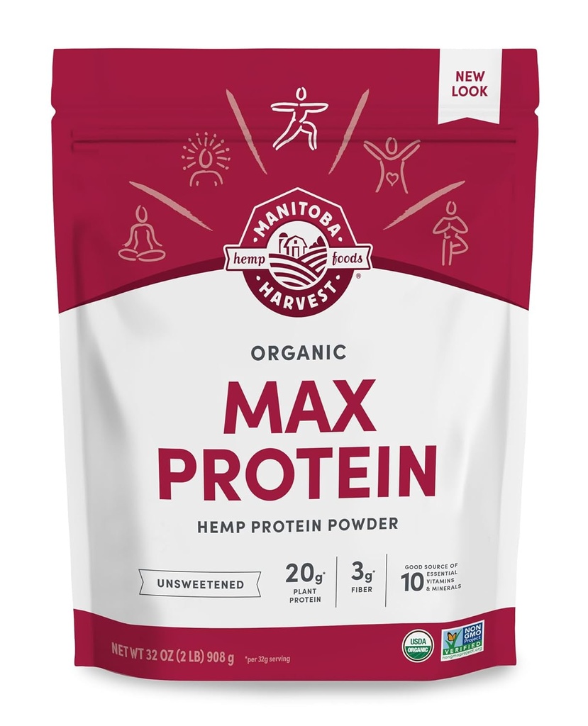 Manitoba Harvest Hemp Yeah Organic Max Protein Powder, Unsweetened, 32oz, with 20g Protein and 4.5g Omegas 3&6 per Serving, Keto-Friendly, Preservative Free, Non-GMO, Packaging May Vary