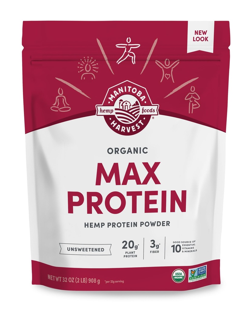 Manitoba Récolte de chanvre Oui poudre de protéines maximales organiques, non sucrée, 32 oz, avec 20 g de protéines et 4,5 g d'oméga 3 et 6 par portion, ami Keto, sans réserve, sans OGM, emballage mai Varier