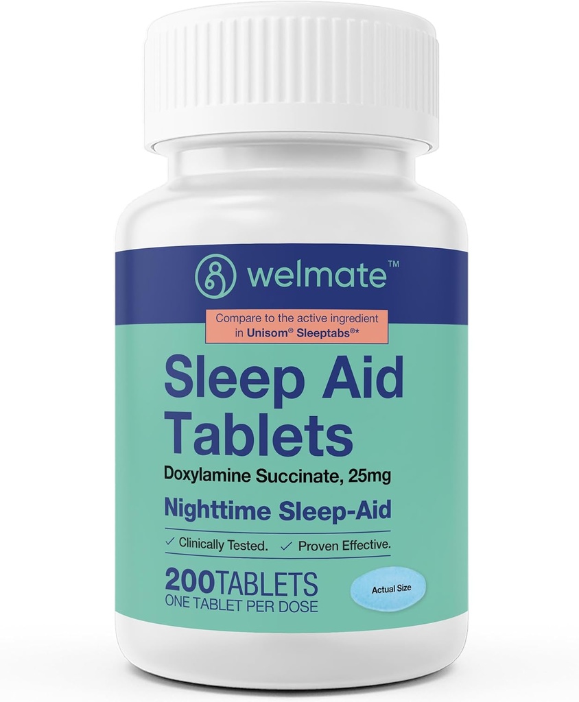 WELMATE - Aide au sommeil de nuit - Doxylamine Succinate 25 mg - pour adultes et enfants 12+ - 200 comprimés
