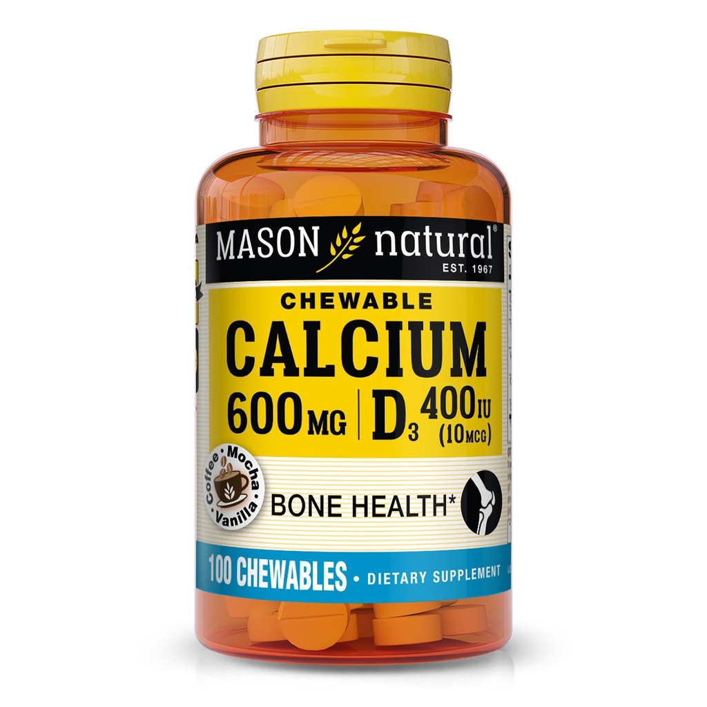 MASON NATURAL Calcium 600 mg avec vitamine D3, 100 jours d'approvisionnement, soutient les os sains et la fonction musculaire normale, café Moka Flavor, 100 Chewables