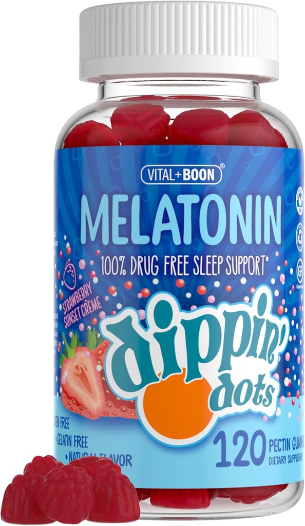 Dippin' Dots - Melatonin Sleep Support Gummies (120 Comte) Fraise Coucher de soleil Creme Flavor Chews (2,5mg par supplément de sommeil gommy pour les enfants et les adultes) Supplément pour un sommeil plus rapide et plus long