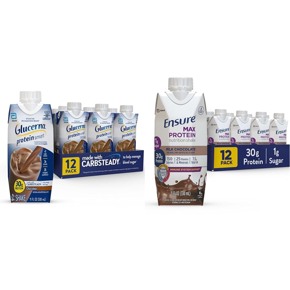 Glucerna Protein Smart Nutritional Shake & Assure Max Protein Nutrition Shake avec 30g de protéines, 1g de sucre, haute protéine Shake, chocolat au lait, 11 Fl Oz (paquet de 12), liquide, Halal