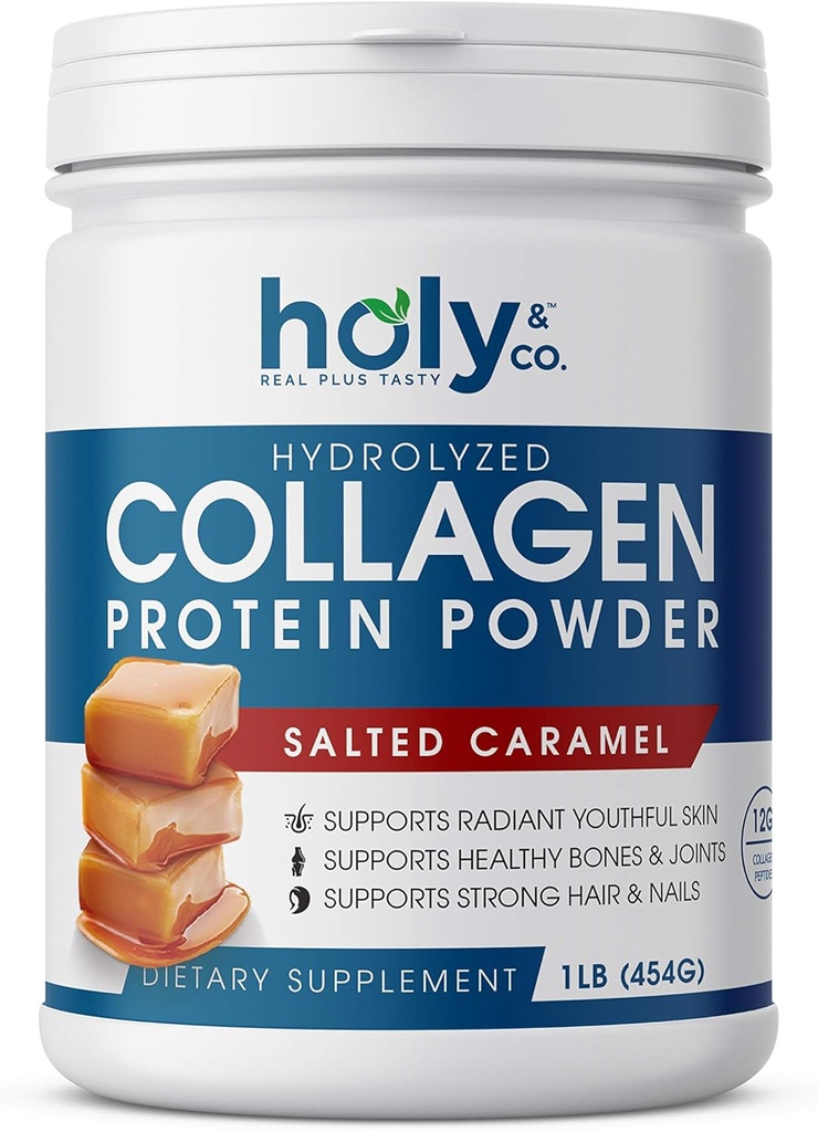 Holy and Co. Collagen Peptides Poudre de protéines pour hommes et femmes - Non-OGM, Keto/Paleo Friendly, Kosher & Gluten Free - Caramel salé 16oz (1LB)