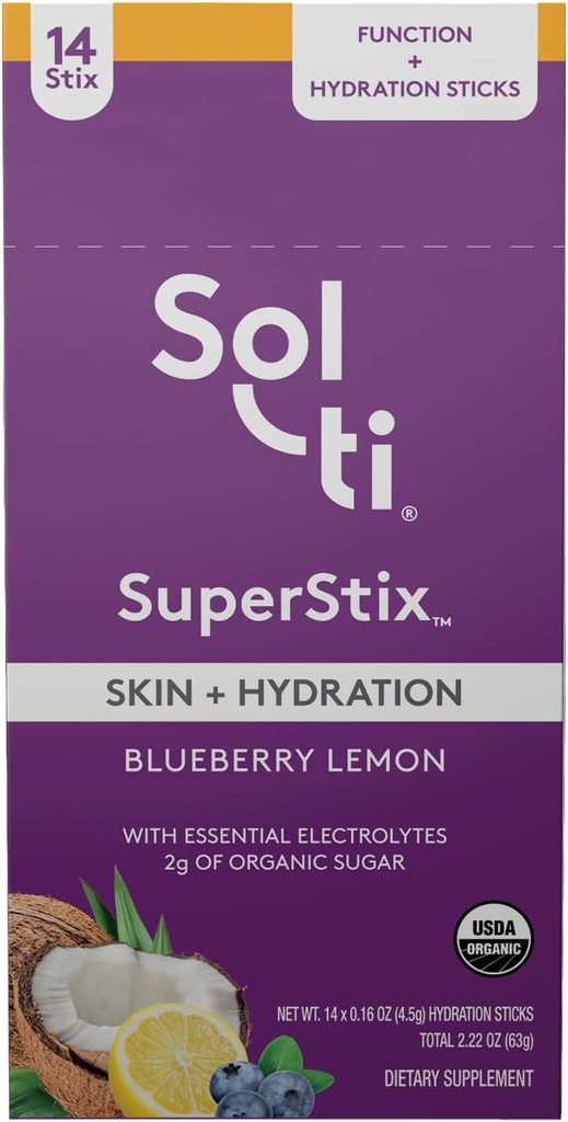 Sol-ti Bio Electrolyte Peau + Mélange de boisson d'hydratation, bâtons d'hydratation super-alimentaire, SuperStix, non-OGM, végétalien, citron de myrtilles, 14 bâtonnets à usage unique