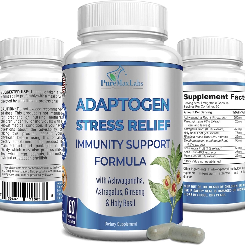 Adaptogen Stress Relief Immune Support Formula - Support adrénal Adaptogène avec Ashwagandha, Astragalus, Ginseng, Saint Basil, Rhodiola, Amla, Maca, Schisandra, Non-OGM - 60 Capsules