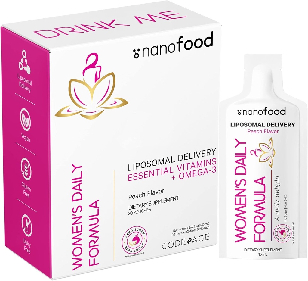 Codeage Vitamines quotidiennes liposomiques pour femmes Formule de la poche liquide, supplément de multivitamine liquide Oméga-3 végétalien, Biotine, Vitamines A, B, C, D, E, Riboflavine, Berry - Non-OGM - 30 Pouches