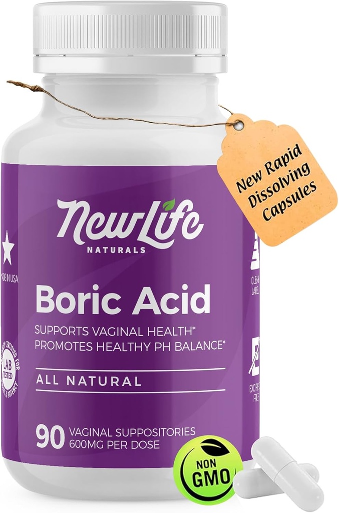 NewLife Naturals - Acide borique de grade médical Suppositoires vaginales - 600mg - 100% Pure Femmes pH Pilules d'équilibre - Infection à levure, VB - 90 Capsules: Fabriqué aux États-Unis