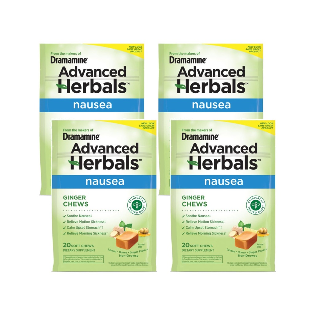 Dramamine Ginger Chews, aide avec la nausée, Lemon Honey Ginger Flavor, 20 Soft Chews (paquet de 4)