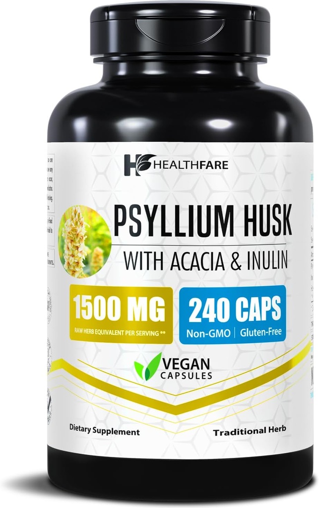 Healthfare Psyllium Husk Fibre 1500mg , 240 Capsules Vegan , Supplément de fibre extra-fort , soutient la santé digestive , non-OGM , sans gluten , Fabriqué aux États-Unis