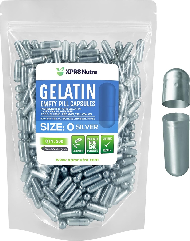XPRS Nutra Taille 0 Capsules vides - 500 Compte Capsules de gélatine vides - Pills Bricolage Capsule Remplissage - Pure Pilule Pilule Gel Caps pour Do-It-Youlf Suppléments (Argent)