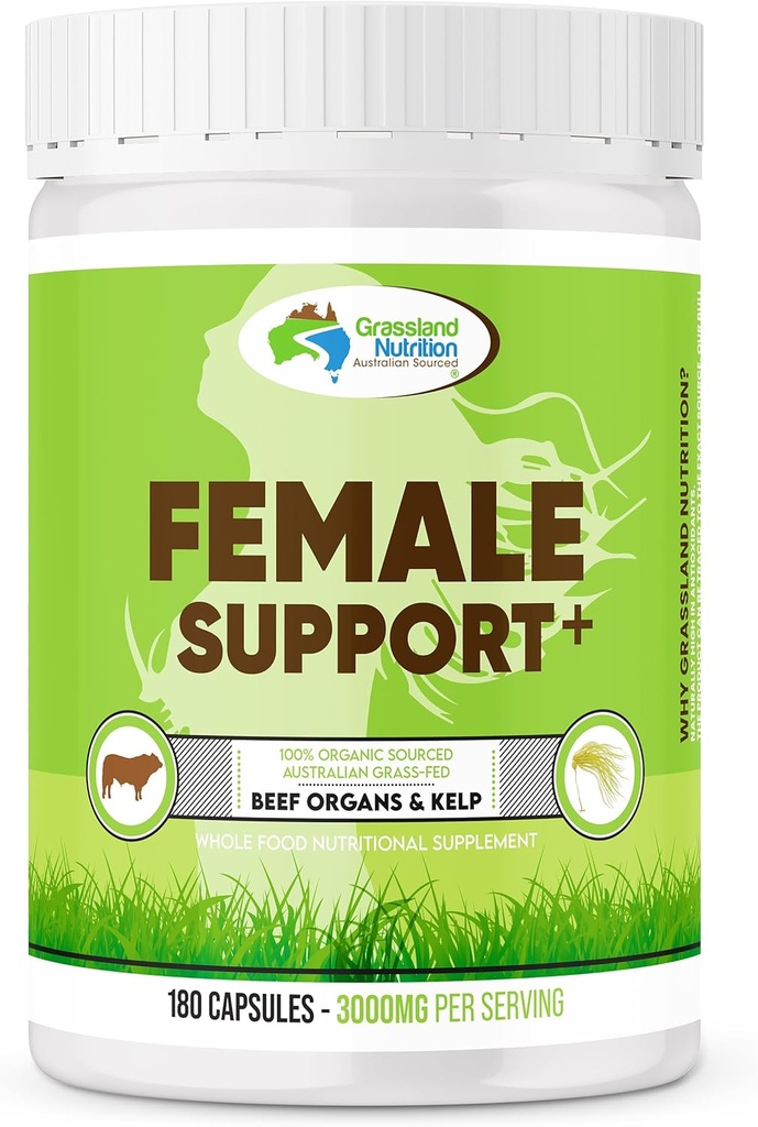 GRASSLAND NUTRITION 100% biologique australienne: Mélange d'organes de boeuf de soutien féminin - haute en CoQ10, B12, Iodine (180 capsules)