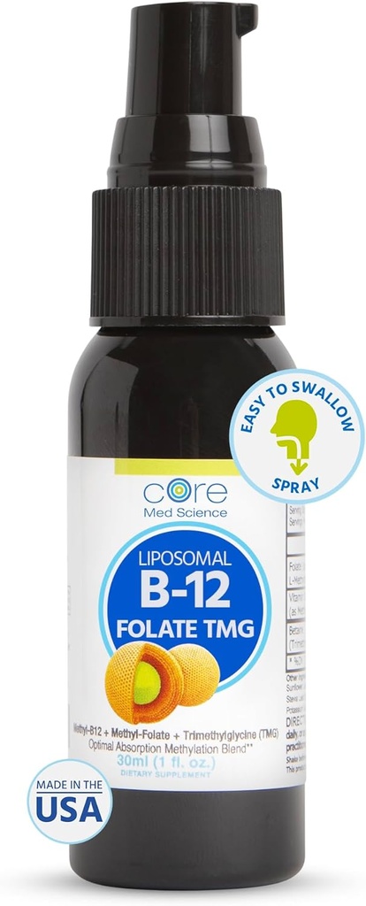 Core Med Science Liposomal B12 Folate TMG supplément de pulvérisation liquide pour les femmes et les hommes - Soutiens Mood, Cognitive, & Heart Health - Vitamine B9 & Betaine pour les niveaux d'homocystéine et le cycle de méthylation, 1 Fl Oz