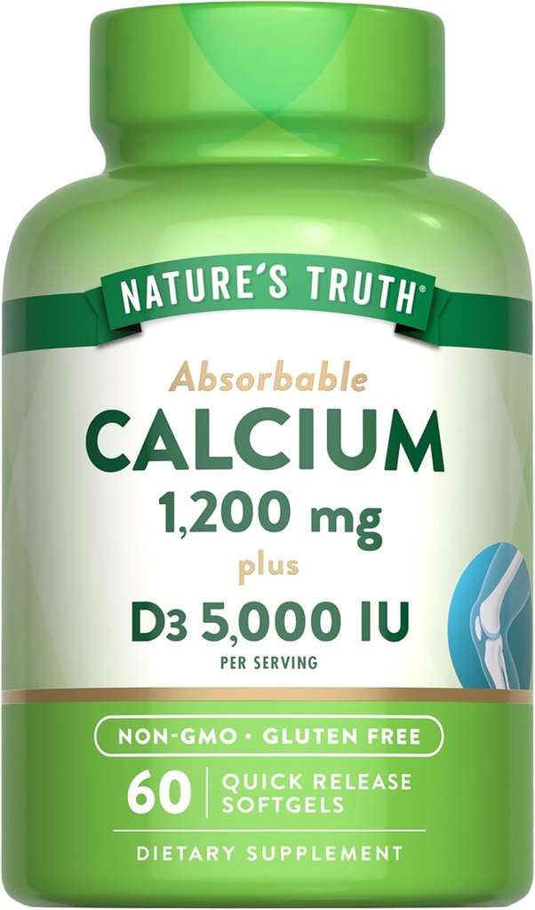 La vérité de la nature Calcium 1200mg avec la vitamine D3 5000 UI 60 Softgels de Calcium Carbonate