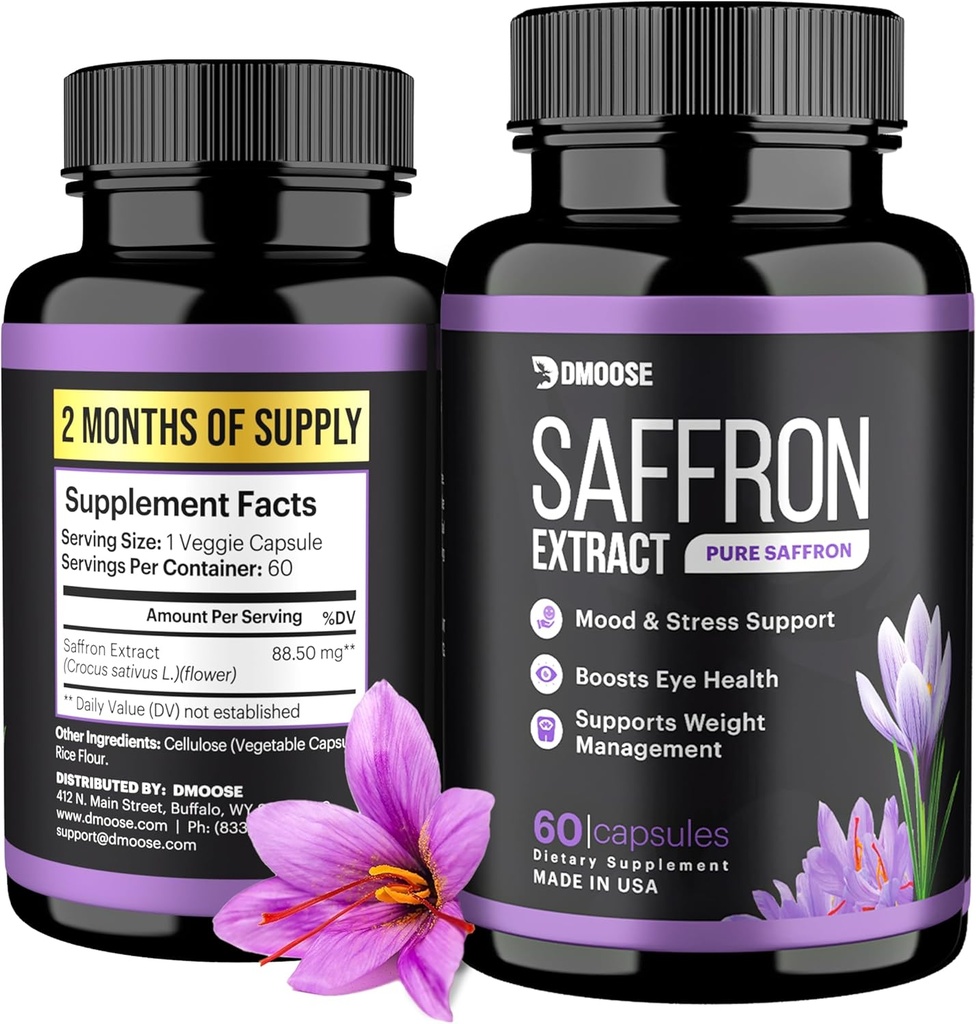 Extrait de safran DMoose (88,5 mg) - Améliorer l'énergie, soutenir la santé oculaire - Supplément de safran non-OGM pour les hommes et les femmes - 60 capsules (2 mois de service) (60 mois de compte)