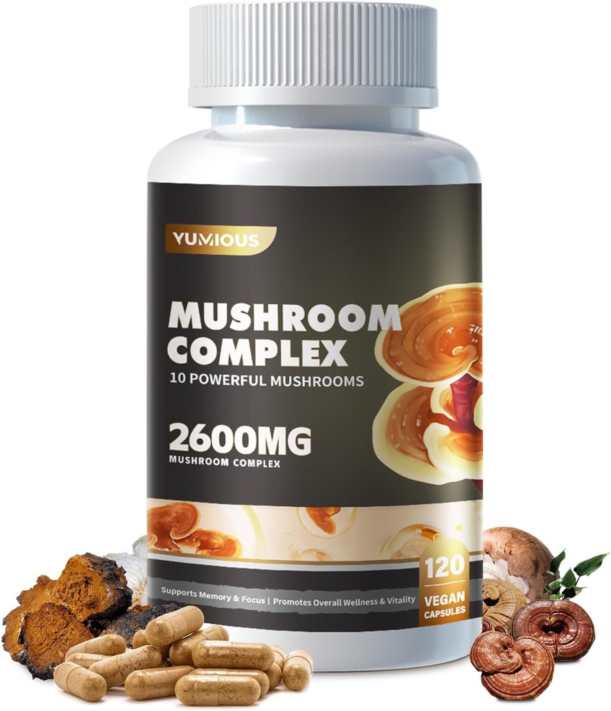 Mushroom Complex Supplement 2600mg, 120 Capsules - 10 Mushrooms Blend - Reishi, lions mane supplement capsules,Lions Mane, Cordyceps, Chaga, Turkey Tail, Maitake, Shiitake, Oyster Nootropic Complex