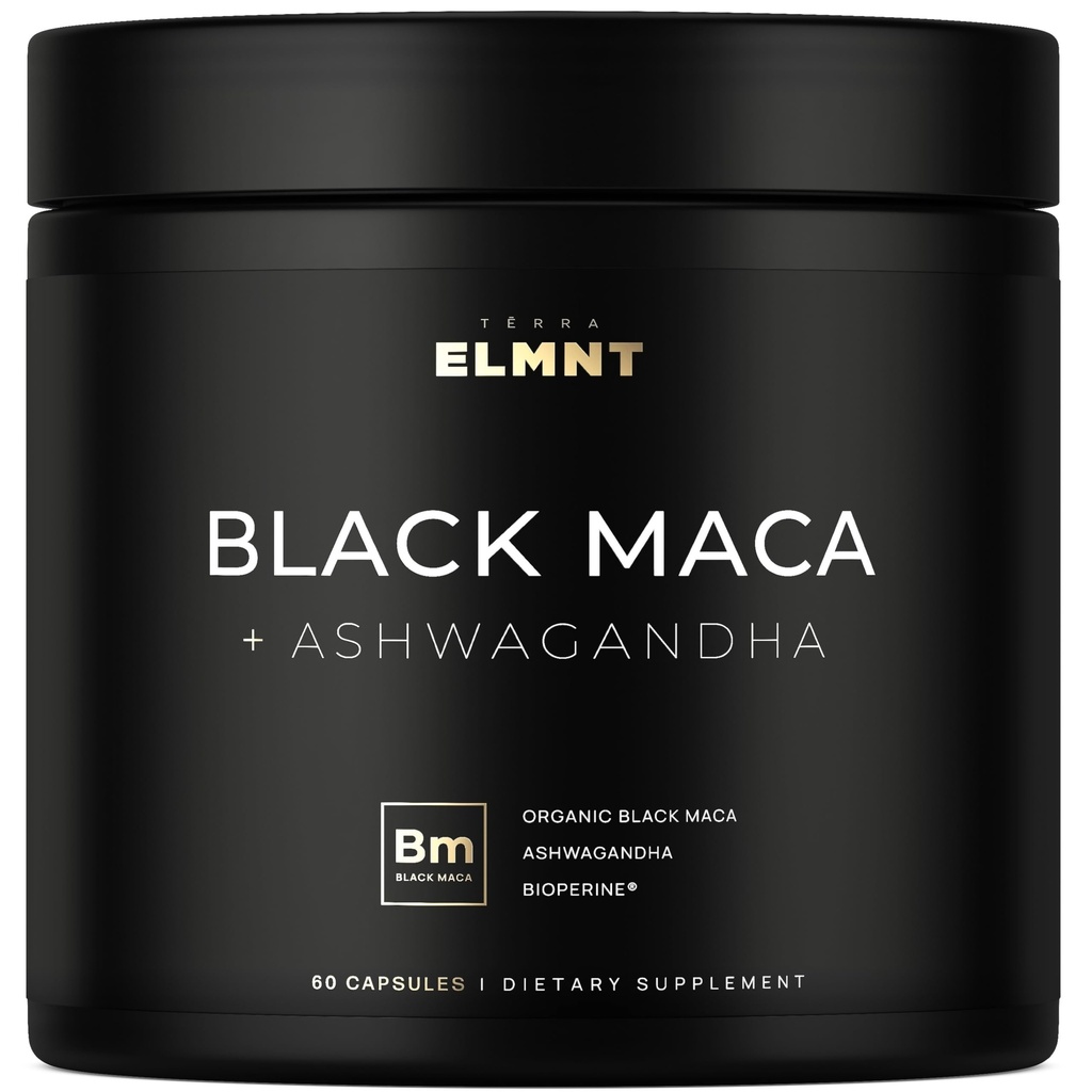 ELMNT 40 000mg 40x Strength Organic Black Maca Root w. Ashwagandha - #1 Meilleure puissance Black Maca Root Capsules pour hommes Supplément 40:1 Extrait - 100% pur Maca Peruana poudre pilules gélatinisées