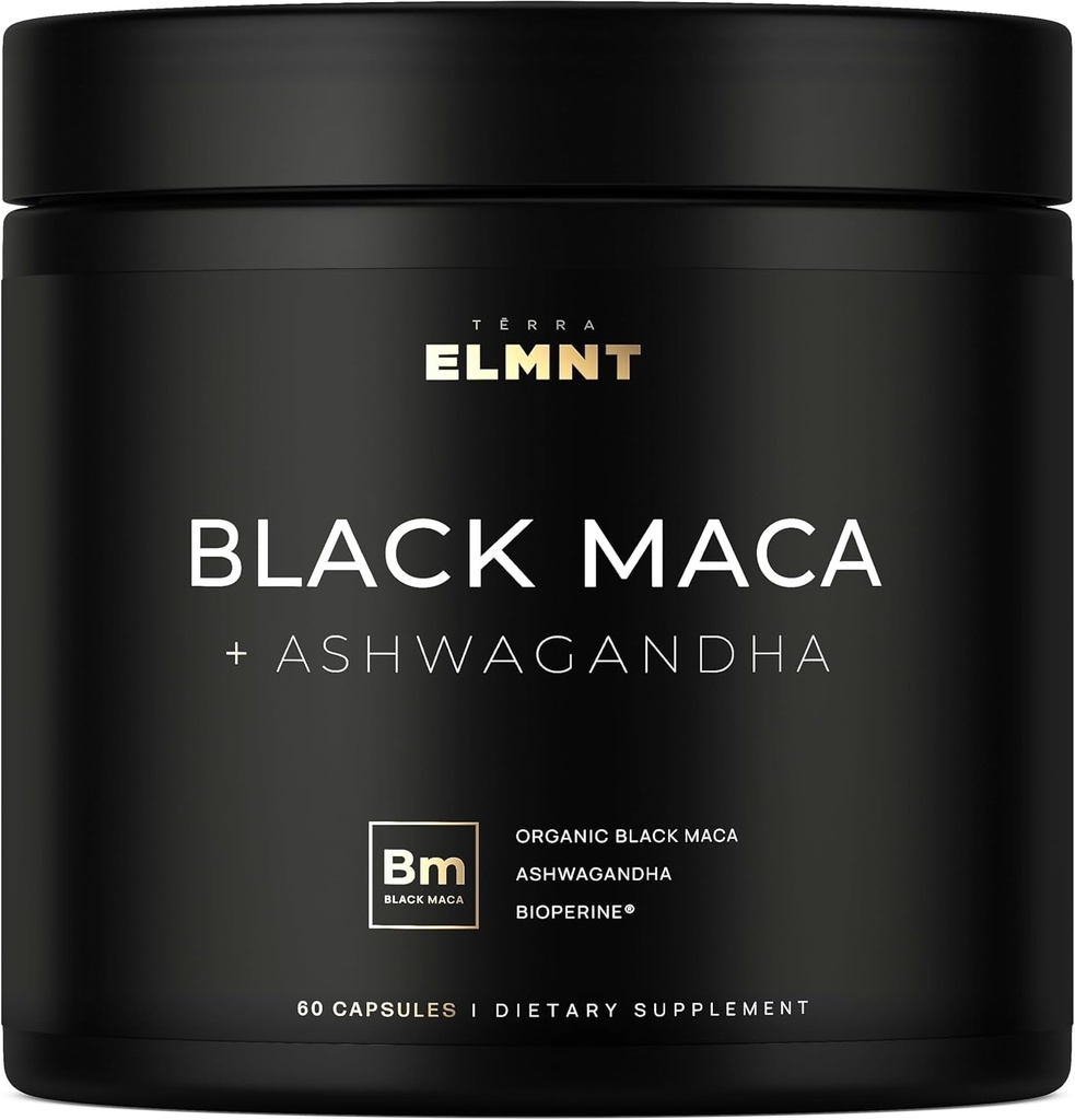 ELMNT 40 000mg 40x Strength Organic Black Maca Root w. Ashwagandha - #1 Meilleure puissance Black Maca Root Capsules pour hommes Supplément 40:1 Extrait - 100% pur Maca Peruana poudre pilules gélatinisées