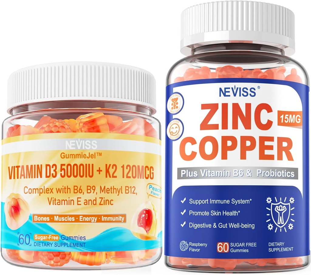 NEVISS Vitamin D3 5000IU + K2 (MK-7) 120mcg+Zinc Copper Gummies