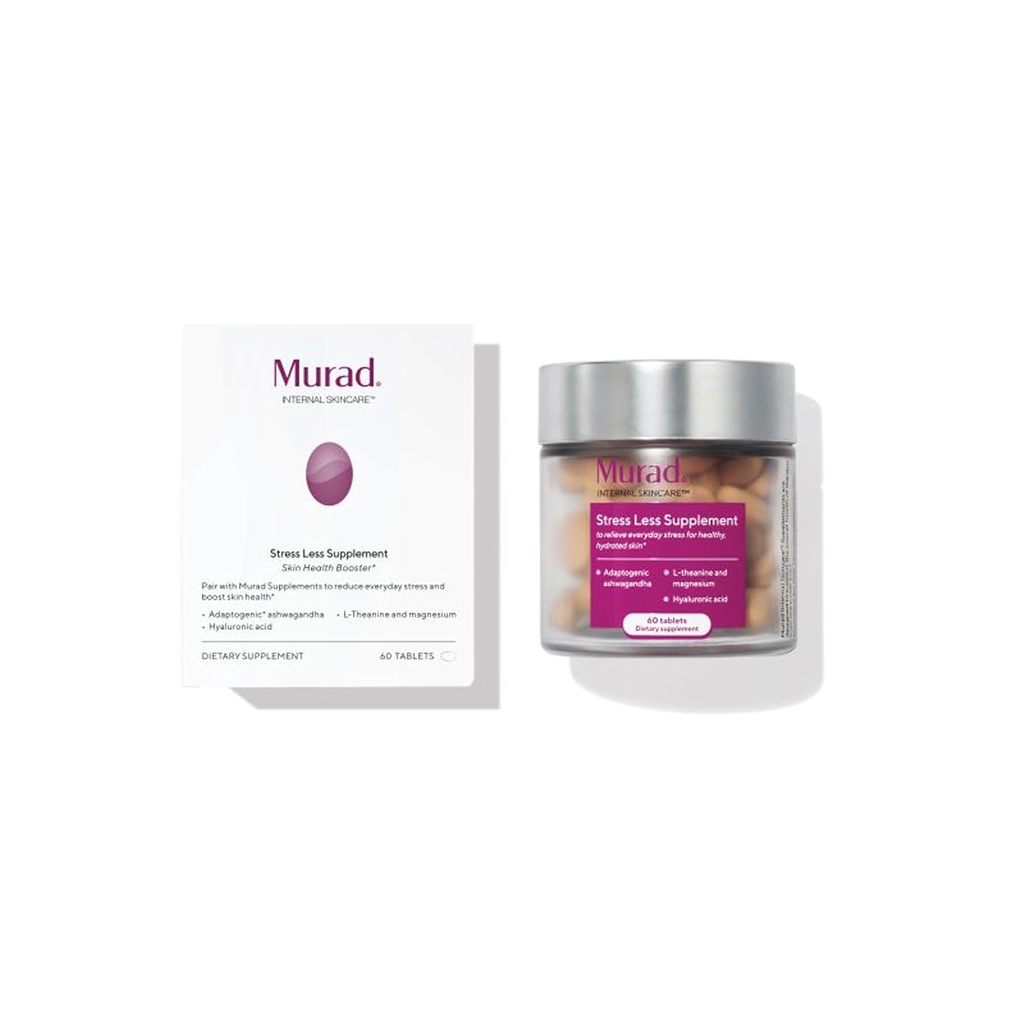 Murad Stress-Moins Supplément - Supports Calme, Relaxation et Clarté Mentale, Promotes Focus & Energy, avec L-Theanine, Ashwagandha, Biotin & Acide Hyaluronique pour l'hydratation de la peau - 30 jours d'approvisionnement, 60 pcs