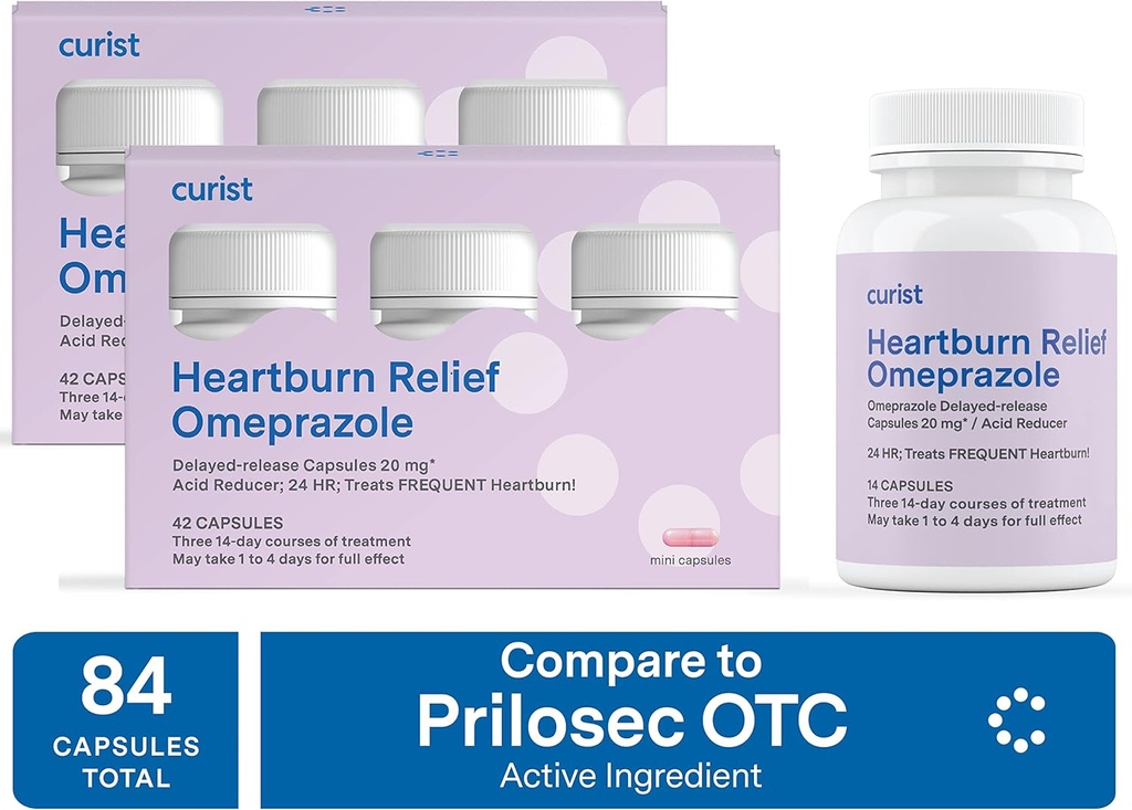 Curist Omeprazole 20mg Bulk 84 ct (2 boîtes de 42 ct) Capsules Release différée - Acid Reflux Medicine for Heartburn Relief - Omeprazole Magnésium 20,6mg 84 Capsules