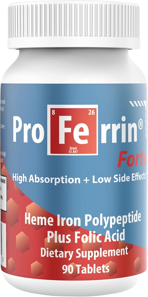 Proferrin Forte-12mg de polypeptide de fer à haute absorption Hème. Facile sur le Gut. 90 comprimés. 1mg d'acide folique pour aider à la production de globules rouges. Non affecté par le café, le calcium ou les PPI.