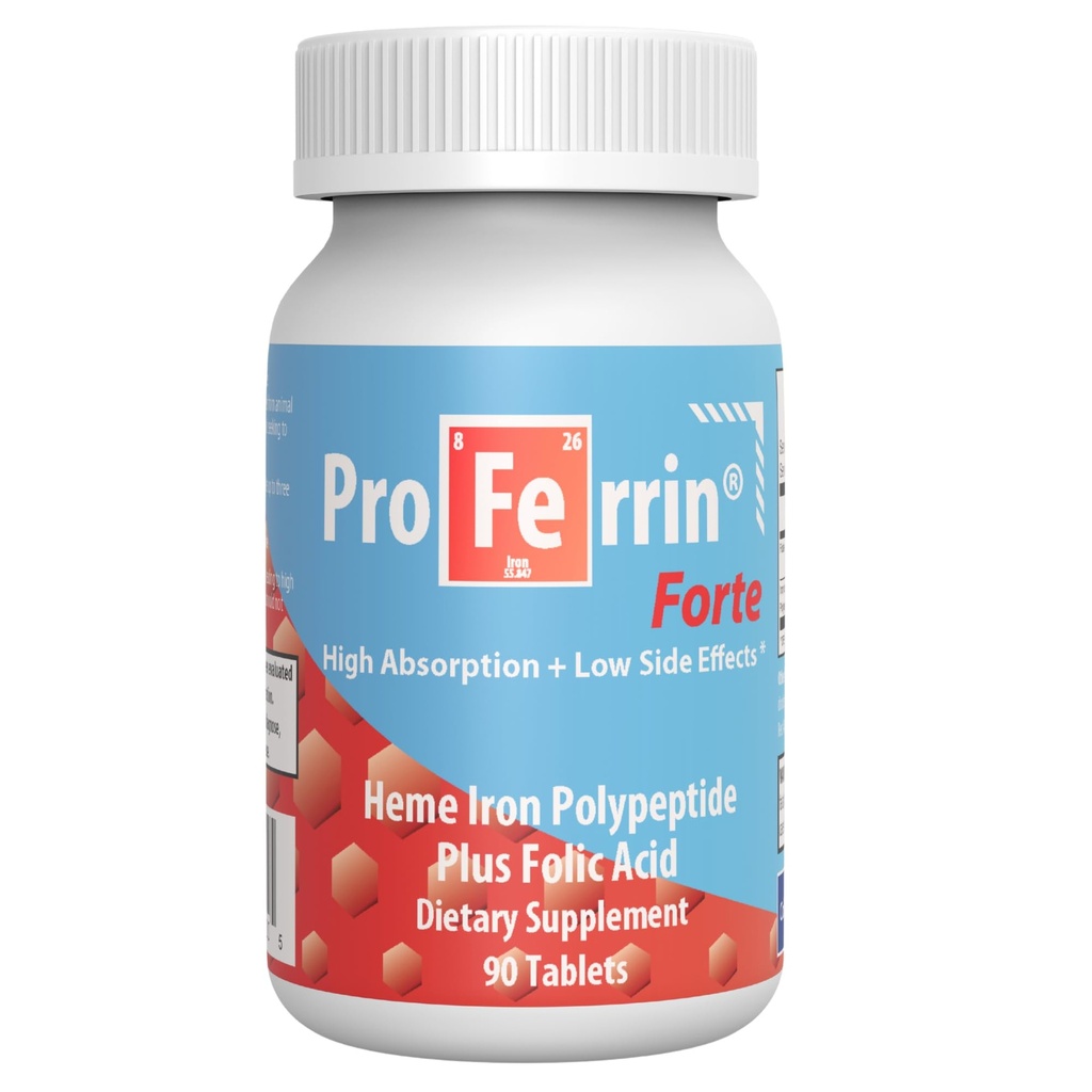 Proferrin Forte-12mg de polypeptide de fer à haute absorption Hème. Facile sur le Gut. 90 comprimés. 1mg d'acide folique pour aider à la production de globules rouges. Non affecté par le café, le calcium ou les PPI.