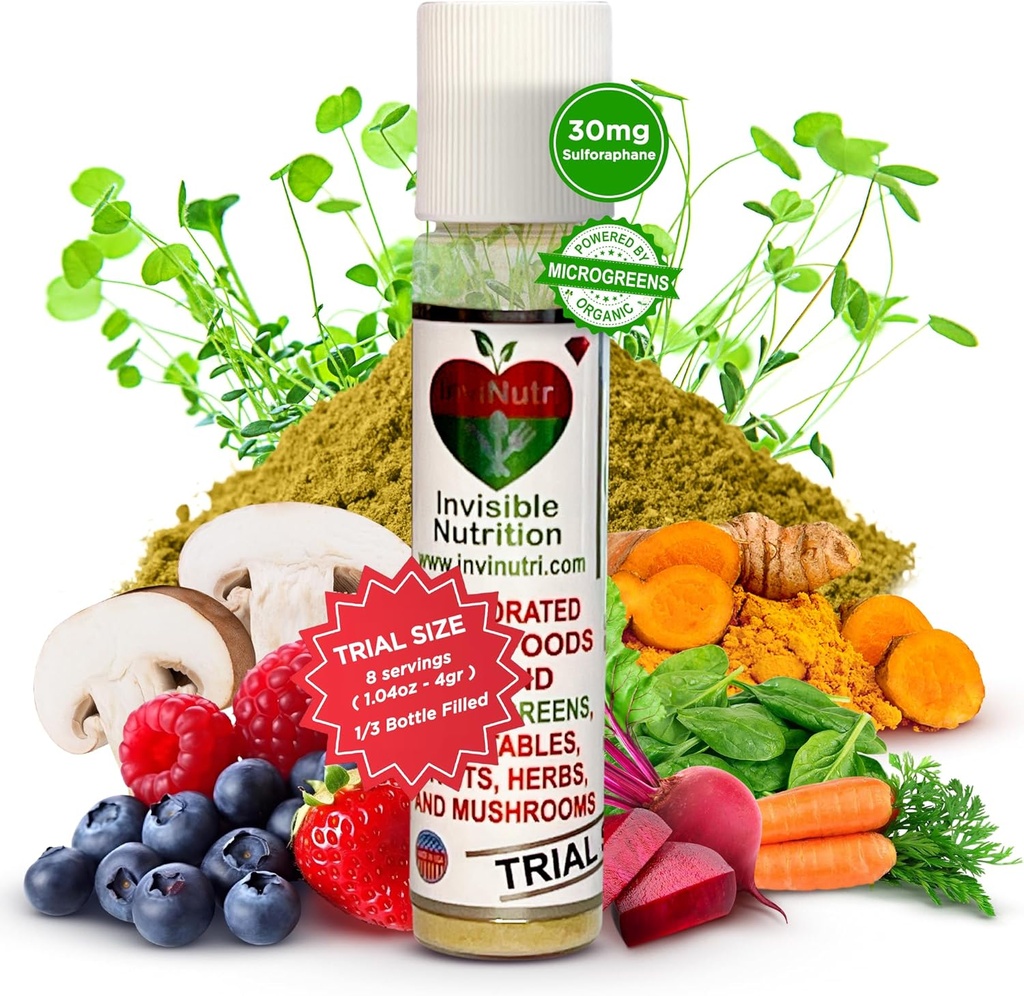 Poudre InviNutri Superfood pour Picky Eaters – Sensory-friendly, 40x Nutrient-Rich, 30mg Sulforaphane – Microgreens organiques, fruits et légumes – Mélanges invisibles dans la plupart des repas - Trial Portion