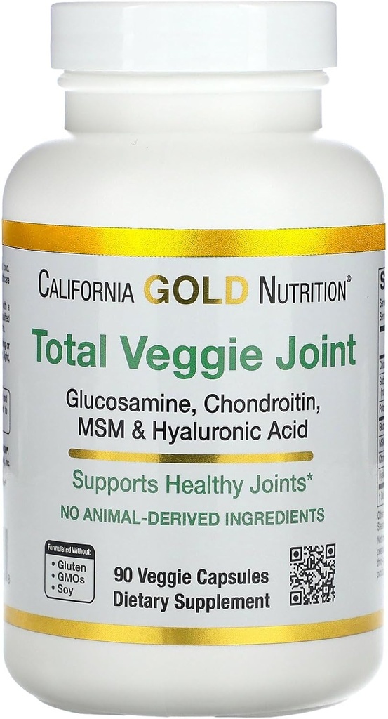 California Gold Nutrition Glucosamine végétarienne, Chondroïtine, acide hyaluronique, MSM, Total Veggie articulaire et formule de soutien des os, non OGM, sans soja, sans gluten, 90 capsules Veggie