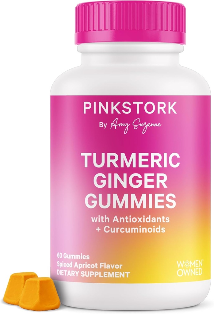 Gommies de gingembre de Stork Turmeric rose – Gut & Digestive Support pour les femmes – Supplément anti-gel avec antioxydants – Arbicot épicé Flavor, 60 Gommies végétaliens