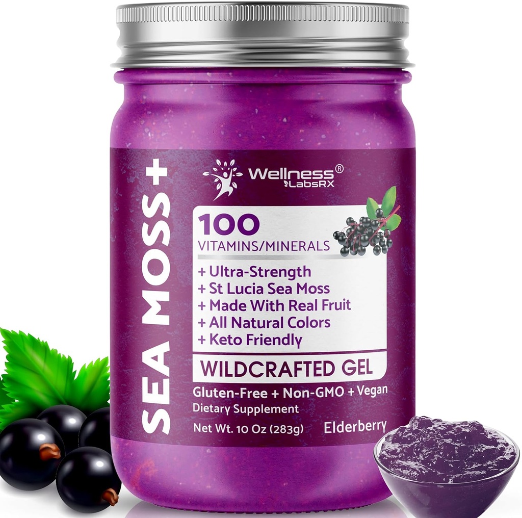 WELLNESS LABSRX Irish Sea Moss Gel Raw - Wildcrafted Superfood Seamoss Gel - Elderberry Flavor, Vitamine and Mineral-Rich from Pristine Caribbean Waters, Immune and Digestive Health Support - 10 oz.