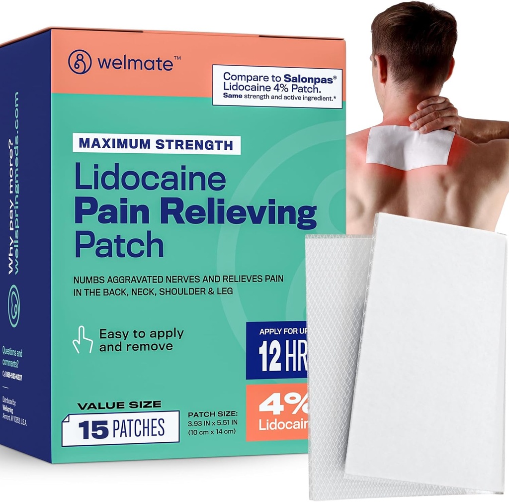 Patchs de douleur WELMATE Résistance maximale Lidocaïne 4% Numbing topique Analgésique – Patchs de lidocaïne pour soulager la douleur nerveuse et dorsale, Sciatica, Neck Muscle Strain, genou, épaule articulaire, hanche, pied (15ct)