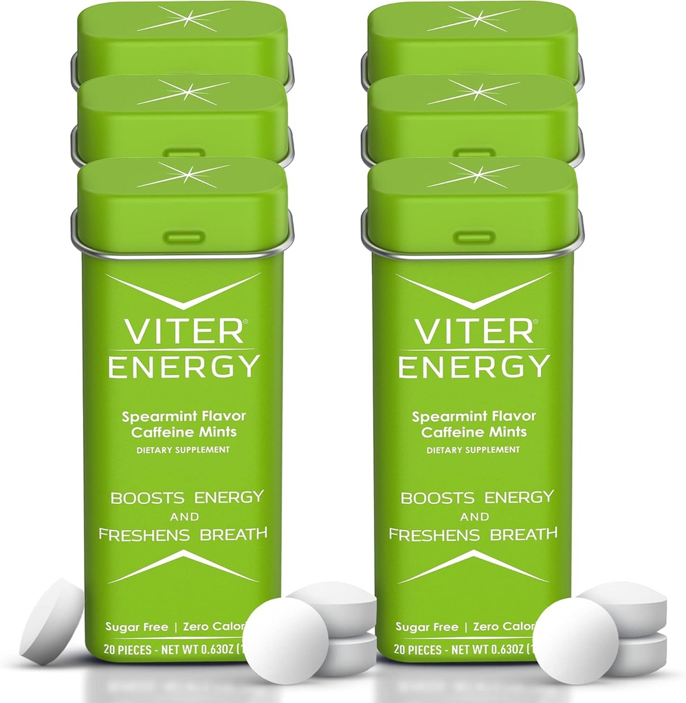 Viter Energy 40mg Menthes de caféine - sans sucre, B Vitamines, végétaliens, stimule la mise au point d'alerte rapide, pilules de supplément nootrope caféiné (arôme de menthe, 20pcs, 6 Pack, 120pcs Total)