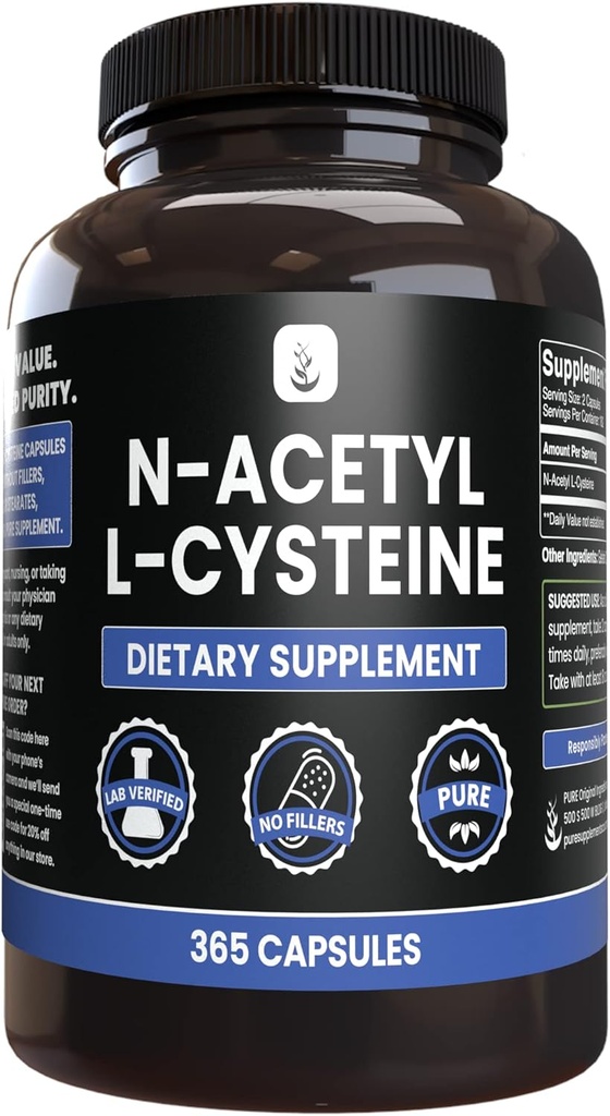 INGRÉDIENTS ORIGINAL DE PURE N-acétyl L-Cysteine (365 Capsules) Pas de Magnésium ou de Rice Filters, Toujours Pure, Verified Lab