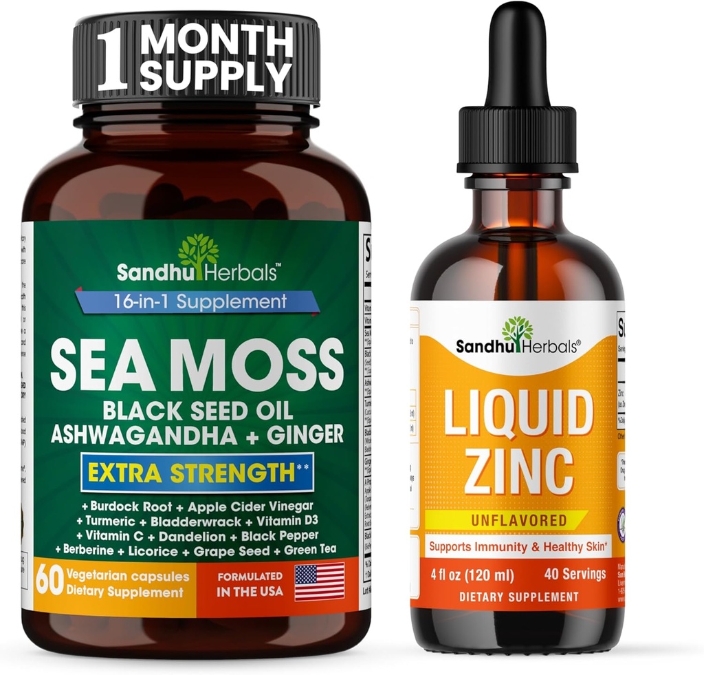 SANDHUHERBALS Sandhu Herbals Sea Moss 60 Capsules & Liquid Zinc Ionic Drops Supplément 4 fl oz.