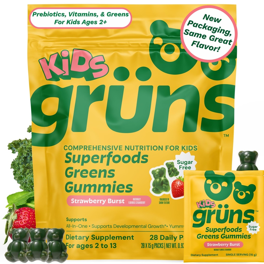 Gruns Multivitamine pour les enfants, Super Greens Gummies, Superfood Gummy Bears avec 20+ Vitamines et Minéraux, Spiruline, Chlorella, Prébiotiques Fibre pour la santé digestive, Supplément adaptogène, 28 jours d'approvisionnement
