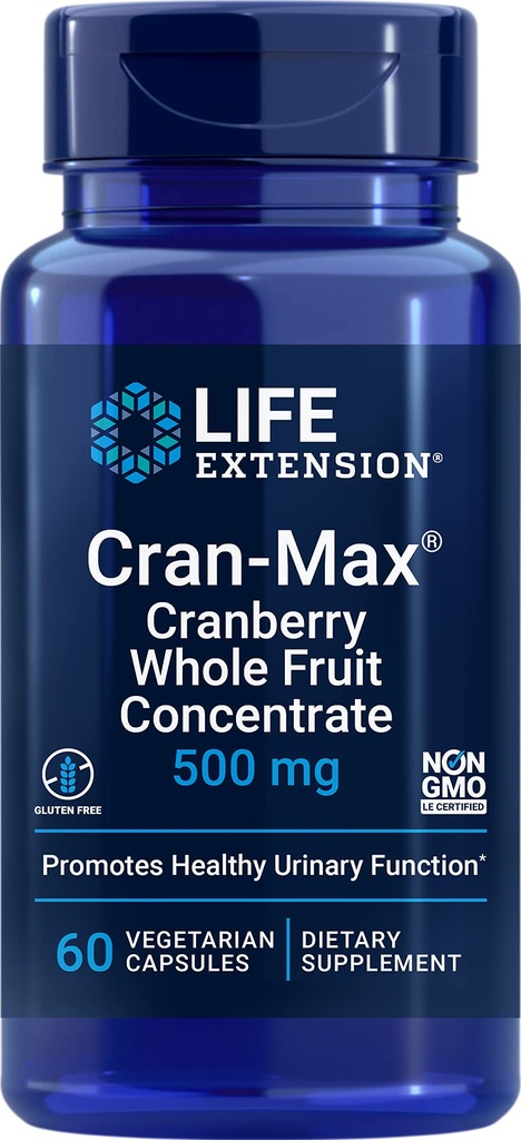 Prolongation de vie Cran-Max®, 500 mg, concentré de fruits entiers de canneberge, favorise la santé du piège urinaire avec des antioxydants puissants, sans gluten, végétarien, non-OGM, 60 capsules