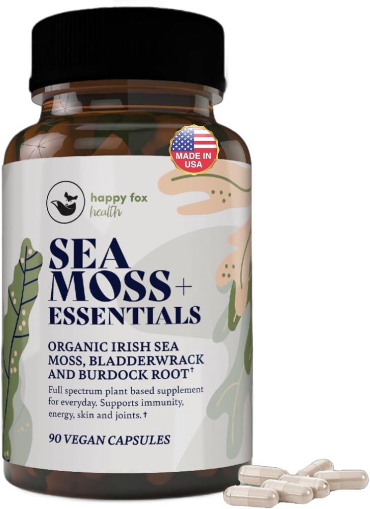 HAPPY FOX Irish Sea Moss Capsules avec la racine de Burdock & Bladderwrack - Alternative à Seamoss Gummies ou Poudre, 90 Capsules Vegan, Fabriqué aux États-Unis
