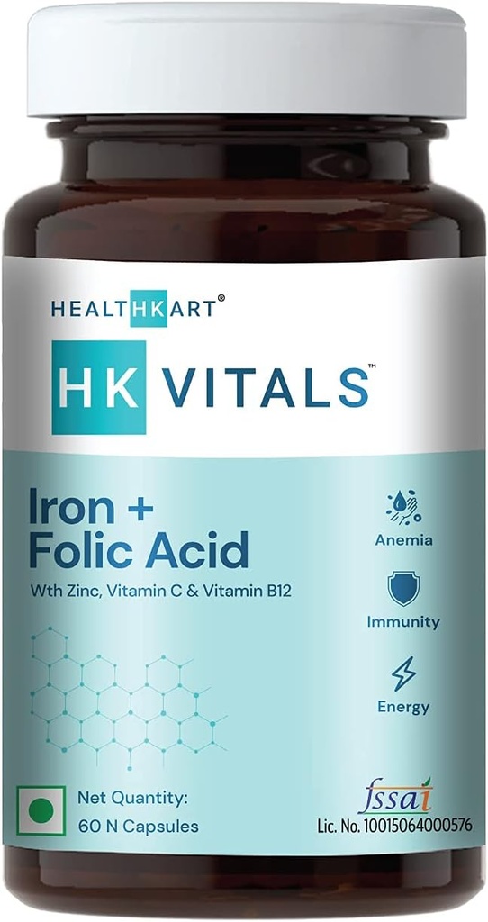 Santé k Supplément fer + acide folique, avec zinc, vitamine C et vitamine B12, soutient la construction de sang, l'immunité et l'énergie, 60 capsules d'acide folique fer