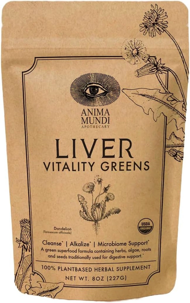 Anima Mundi Apothecary Super Greens Powder - Liver Vitality - Organic Superfood Greens & Herbal Prebiotics for Liver Detox, Cleanse & Support - with Fair Trade Dandelion, Milk Thistle & More (8oz)